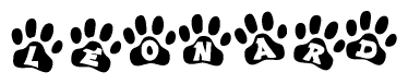 The image shows a series of animal paw prints arranged in a horizontal line. Each paw print contains a letter, and together they spell out the word Leonard.