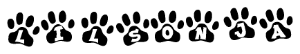 The image shows a row of animal paw prints, each containing a letter. The letters spell out the word Lilsonja within the paw prints.