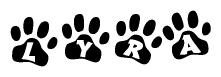 The image shows a series of animal paw prints arranged in a horizontal line. Each paw print contains a letter, and together they spell out the word Lyra.
