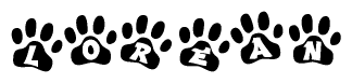 The image shows a series of animal paw prints arranged in a horizontal line. Each paw print contains a letter, and together they spell out the word Lorean.