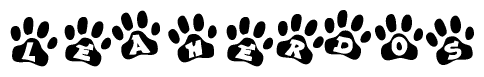 The image shows a series of animal paw prints arranged in a horizontal line. Each paw print contains a letter, and together they spell out the word Leaherdos.