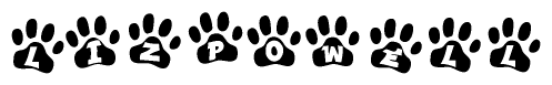 The image shows a series of animal paw prints arranged in a horizontal line. Each paw print contains a letter, and together they spell out the word Lizpowell.