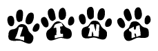 The image shows a series of animal paw prints arranged in a horizontal line. Each paw print contains a letter, and together they spell out the word Linh.