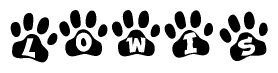 The image shows a series of animal paw prints arranged in a horizontal line. Each paw print contains a letter, and together they spell out the word Lowis.