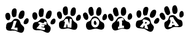 The image shows a series of animal paw prints arranged horizontally. Within each paw print, there's a letter; together they spell Lenoira