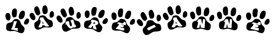 The image shows a series of animal paw prints arranged in a horizontal line. Each paw print contains a letter, and together they spell out the word Laure-anne.