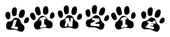 The image shows a row of animal paw prints, each containing a letter. The letters spell out the word Linzie within the paw prints.