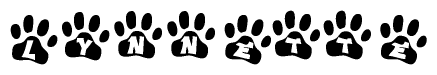 The image shows a series of animal paw prints arranged in a horizontal line. Each paw print contains a letter, and together they spell out the word Lynnette.