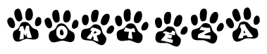 The image shows a row of animal paw prints, each containing a letter. The letters spell out the word Morteza within the paw prints.