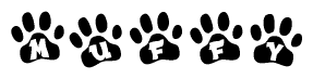 The image shows a series of animal paw prints arranged horizontally. Within each paw print, there's a letter; together they spell Muffy