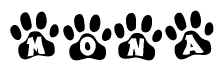 The image shows a row of animal paw prints, each containing a letter. The letters spell out the word Mona within the paw prints.