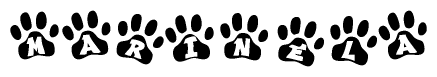The image shows a series of animal paw prints arranged in a horizontal line. Each paw print contains a letter, and together they spell out the word Marinela.