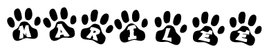 The image shows a series of animal paw prints arranged horizontally. Within each paw print, there's a letter; together they spell Marilee