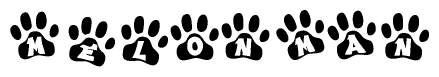 The image shows a series of animal paw prints arranged in a horizontal line. Each paw print contains a letter, and together they spell out the word Melonman.