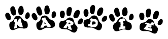The image shows a series of animal paw prints arranged in a horizontal line. Each paw print contains a letter, and together they spell out the word Mardie.