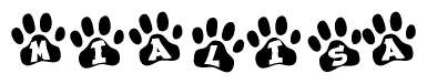 The image shows a series of animal paw prints arranged in a horizontal line. Each paw print contains a letter, and together they spell out the word Mialisa.