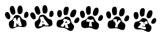 The image shows a row of animal paw prints, each containing a letter. The letters spell out the word Martye within the paw prints.