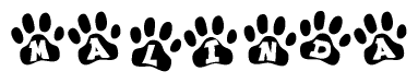 The image shows a series of animal paw prints arranged horizontally. Within each paw print, there's a letter; together they spell Malinda