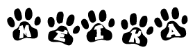 The image shows a series of animal paw prints arranged in a horizontal line. Each paw print contains a letter, and together they spell out the word Meika.
