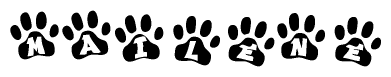 The image shows a series of animal paw prints arranged horizontally. Within each paw print, there's a letter; together they spell Mailene