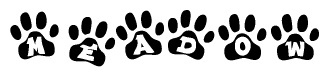 The image shows a row of animal paw prints, each containing a letter. The letters spell out the word Meadow within the paw prints.