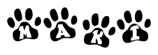 The image shows a row of animal paw prints, each containing a letter. The letters spell out the word Maki within the paw prints.