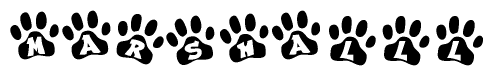 The image shows a series of animal paw prints arranged horizontally. Within each paw print, there's a letter; together they spell Marshalll