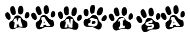 The image shows a series of animal paw prints arranged in a horizontal line. Each paw print contains a letter, and together they spell out the word Mandisa.