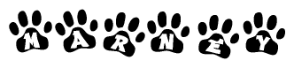 The image shows a row of animal paw prints, each containing a letter. The letters spell out the word Marney within the paw prints.