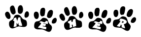 The image shows a series of animal paw prints arranged in a horizontal line. Each paw print contains a letter, and together they spell out the word Meher.