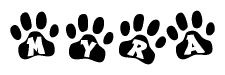The image shows a series of animal paw prints arranged in a horizontal line. Each paw print contains a letter, and together they spell out the word Myra.