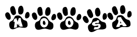 The image shows a row of animal paw prints, each containing a letter. The letters spell out the word Moosa within the paw prints.