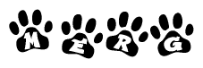 The image shows a series of animal paw prints arranged horizontally. Within each paw print, there's a letter; together they spell Merg