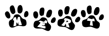 The image shows a row of animal paw prints, each containing a letter. The letters spell out the word Mert within the paw prints.