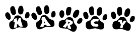 The image shows a row of animal paw prints, each containing a letter. The letters spell out the word Marcy within the paw prints.