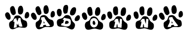 The image shows a series of animal paw prints arranged in a horizontal line. Each paw print contains a letter, and together they spell out the word Madonna.