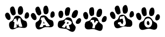 The image shows a series of animal paw prints arranged horizontally. Within each paw print, there's a letter; together they spell Maryjo