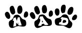 The image shows a row of animal paw prints, each containing a letter. The letters spell out the word Mad within the paw prints.