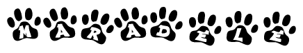 The image shows a row of animal paw prints, each containing a letter. The letters spell out the word Maradele within the paw prints.