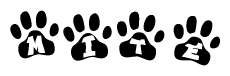 The image shows a series of animal paw prints arranged horizontally. Within each paw print, there's a letter; together they spell Mite