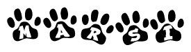 The image shows a row of animal paw prints, each containing a letter. The letters spell out the word Marsi within the paw prints.