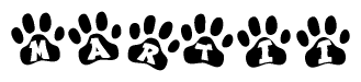 The image shows a series of animal paw prints arranged horizontally. Within each paw print, there's a letter; together they spell Martii