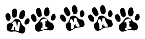 The image shows a row of animal paw prints, each containing a letter. The letters spell out the word Nimmi within the paw prints.