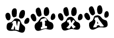 The image shows a row of animal paw prints, each containing a letter. The letters spell out the word Nixa within the paw prints.