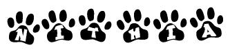 The image shows a series of animal paw prints arranged in a horizontal line. Each paw print contains a letter, and together they spell out the word Nithia.