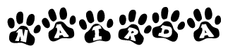 The image shows a series of animal paw prints arranged in a horizontal line. Each paw print contains a letter, and together they spell out the word Nairda.
