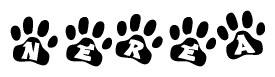 The image shows a series of animal paw prints arranged horizontally. Within each paw print, there's a letter; together they spell Nerea