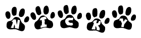 The image shows a series of animal paw prints arranged horizontally. Within each paw print, there's a letter; together they spell Nicky
