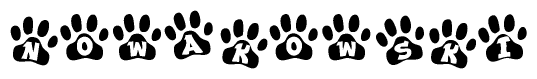 The image shows a series of animal paw prints arranged horizontally. Within each paw print, there's a letter; together they spell Nowakowski