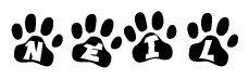 The image shows a series of animal paw prints arranged in a horizontal line. Each paw print contains a letter, and together they spell out the word Neil.